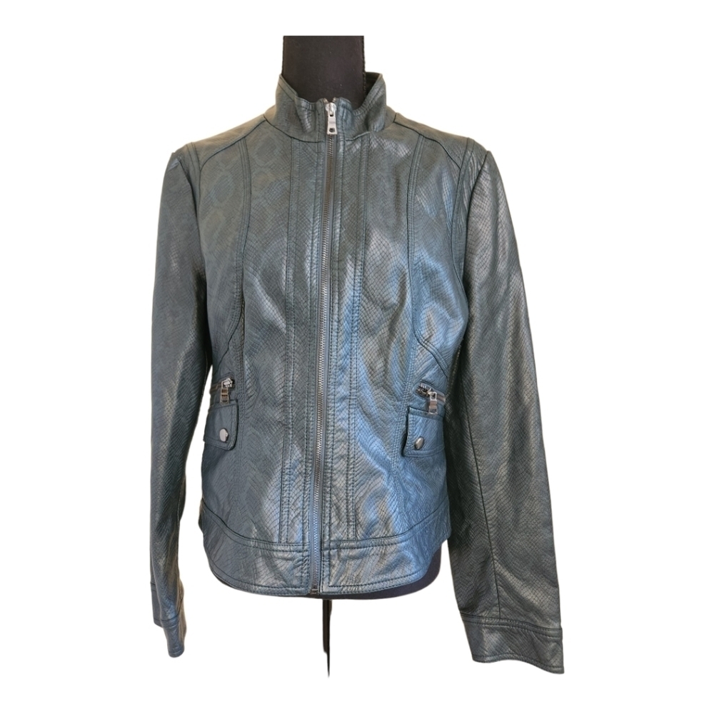 ROZ & ALI faux snakeskin leather bomber jacket dark green gold size medium